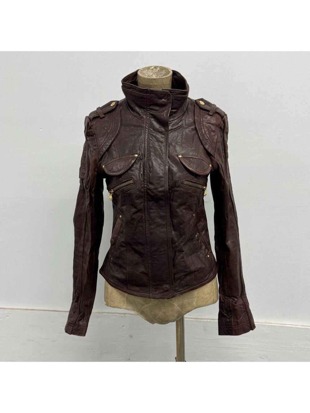 Vintage Y2K Vero Moda Brown Lambskin Leather Fitted Moto Jacket